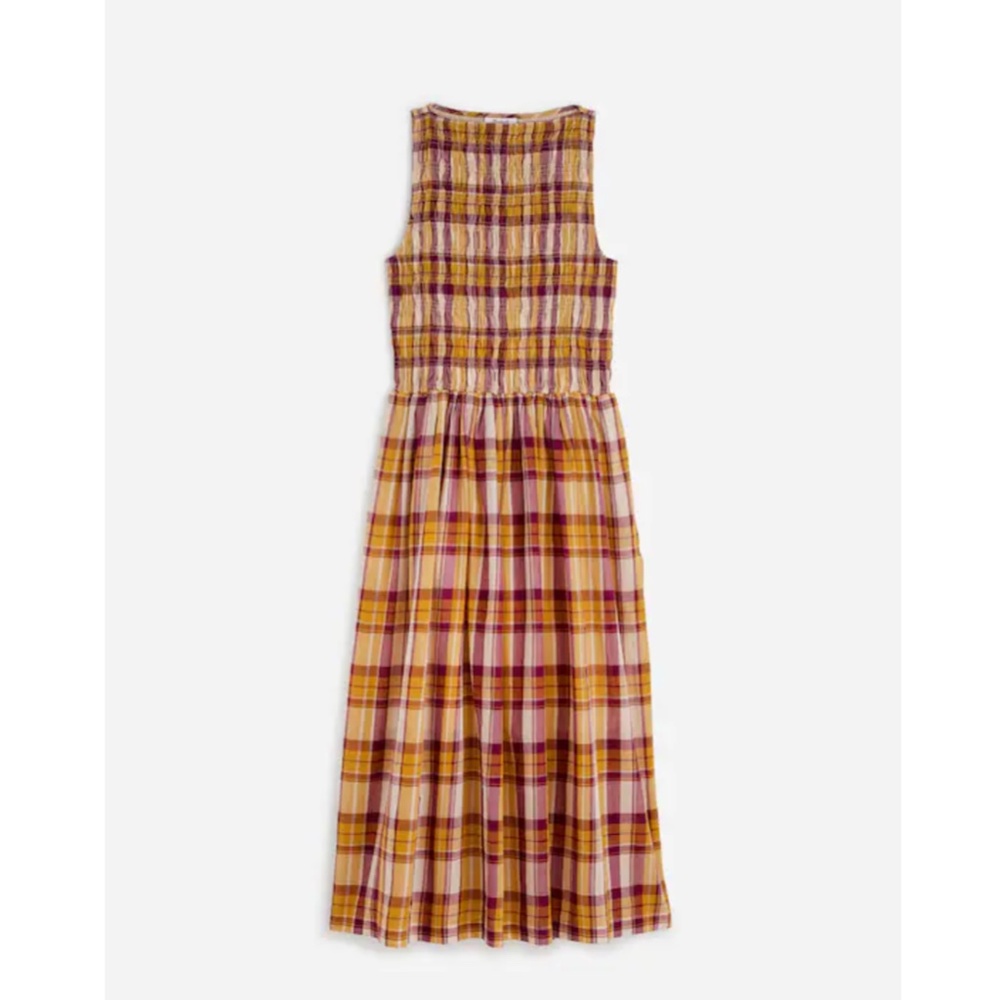 NWT Madewell Smocked Boatneck Maxi Dress in Plaid Seersucker - Picture 3 of 3